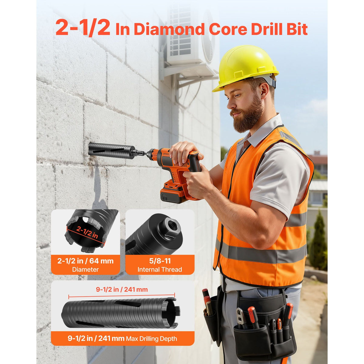 Core Drill Bit, 2-1/2 inch Diameter, 9-1/2 inch Drilling Depth, 5/8-11 Internal Thread, Diamond Dry Coring Bit with 3 Adapters, Pilot Drill and Hex Wrench, for Concrete, Red Bricks, and Masonry