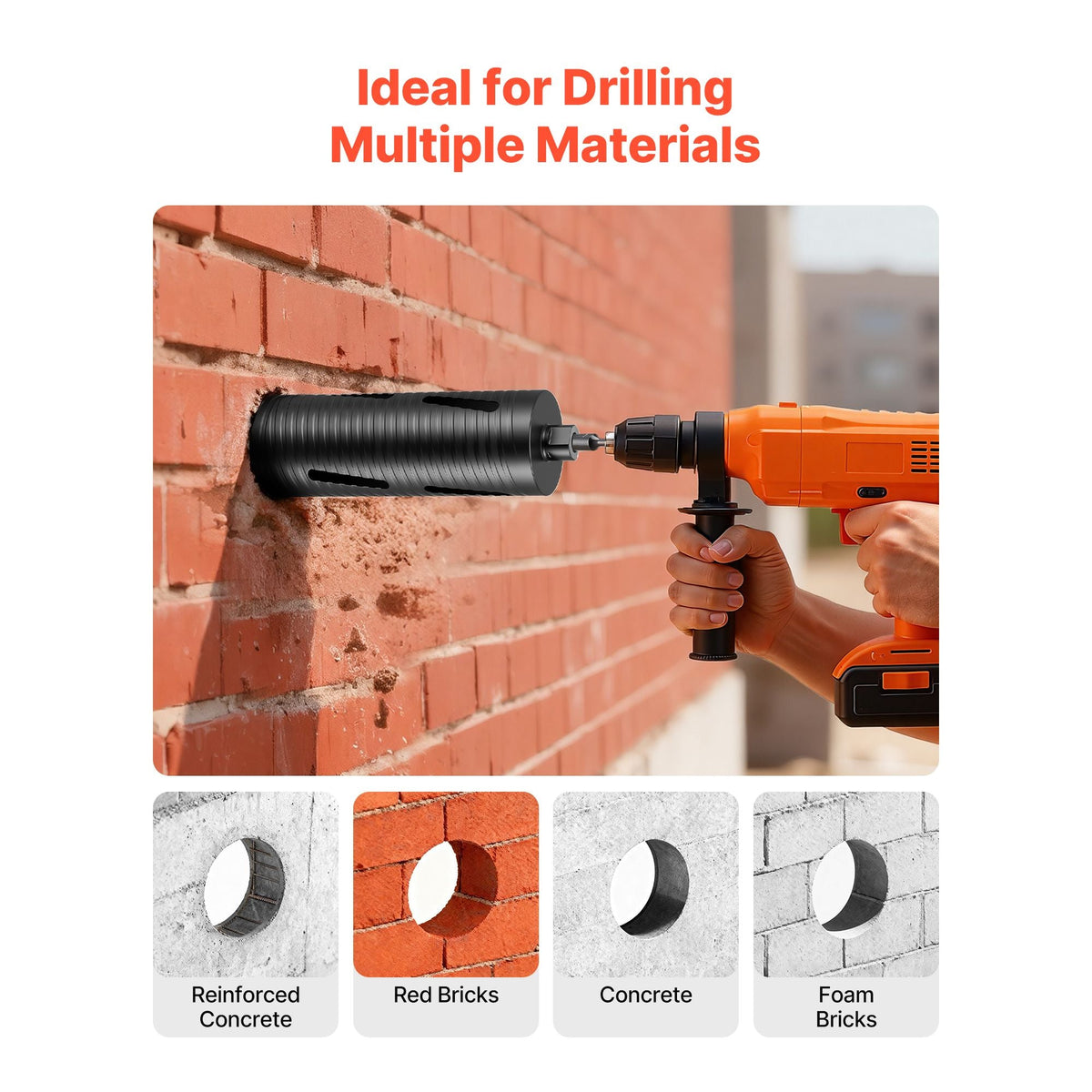 Core Drill Bit, 3-1/2 inch Diameter, 9-1/2 inch Drilling Depth, 5/8-11 Internal Thread, Diamond Dry Coring Bit with 3 Adapters, Pilot Drill and Hex Wrench, for Concrete, Red Bricks, and Masonry