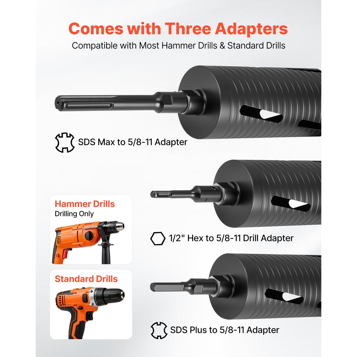Core Drill Bit, 3-1/2 inch Diameter, 9-1/2 inch Drilling Depth, 5/8-11 Internal Thread, Diamond Dry Coring Bit with 3 Adapters, Pilot Drill and Hex Wrench, for Concrete, Red Bricks, and Masonry