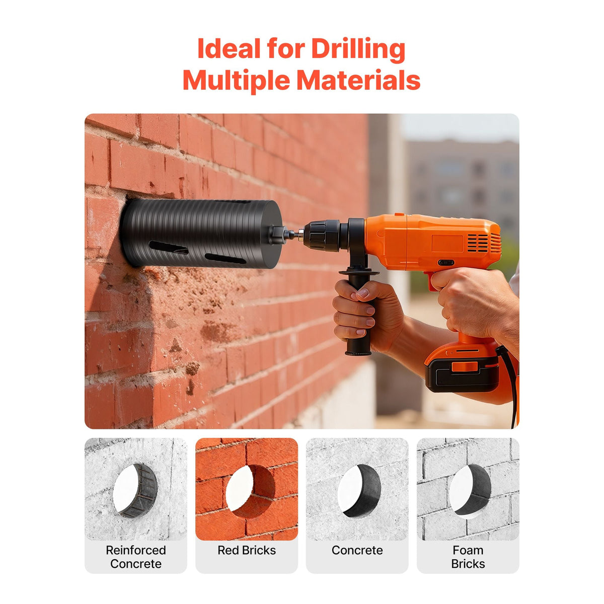 Core Drill Bit, 4-1/2 inch Diameter, 9-1/2 inch Drilling Depth, 5/8-11 Internal Thread, Diamond Dry Coring Bit with 3 Adapters, Pilot Drill and Hex Wrench, for Concrete, Red Bricks, and Masonry