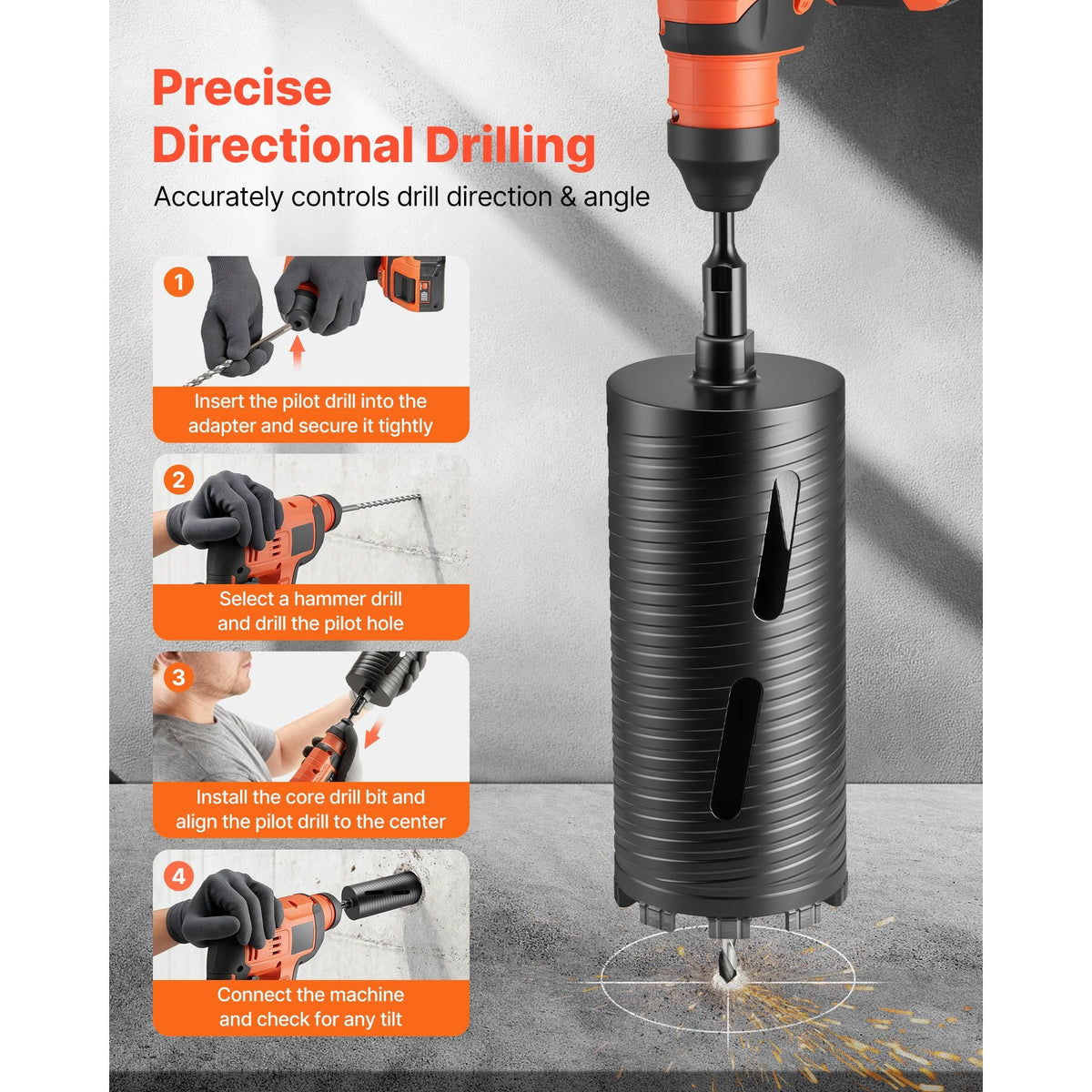 Core Drill Bit, 4-1/2 inch Diameter, 9-1/2 inch Drilling Depth, 5/8-11 Internal Thread, Diamond Dry Coring Bit with 3 Adapters, Pilot Drill and Hex Wrench, for Concrete, Red Bricks, and Masonry