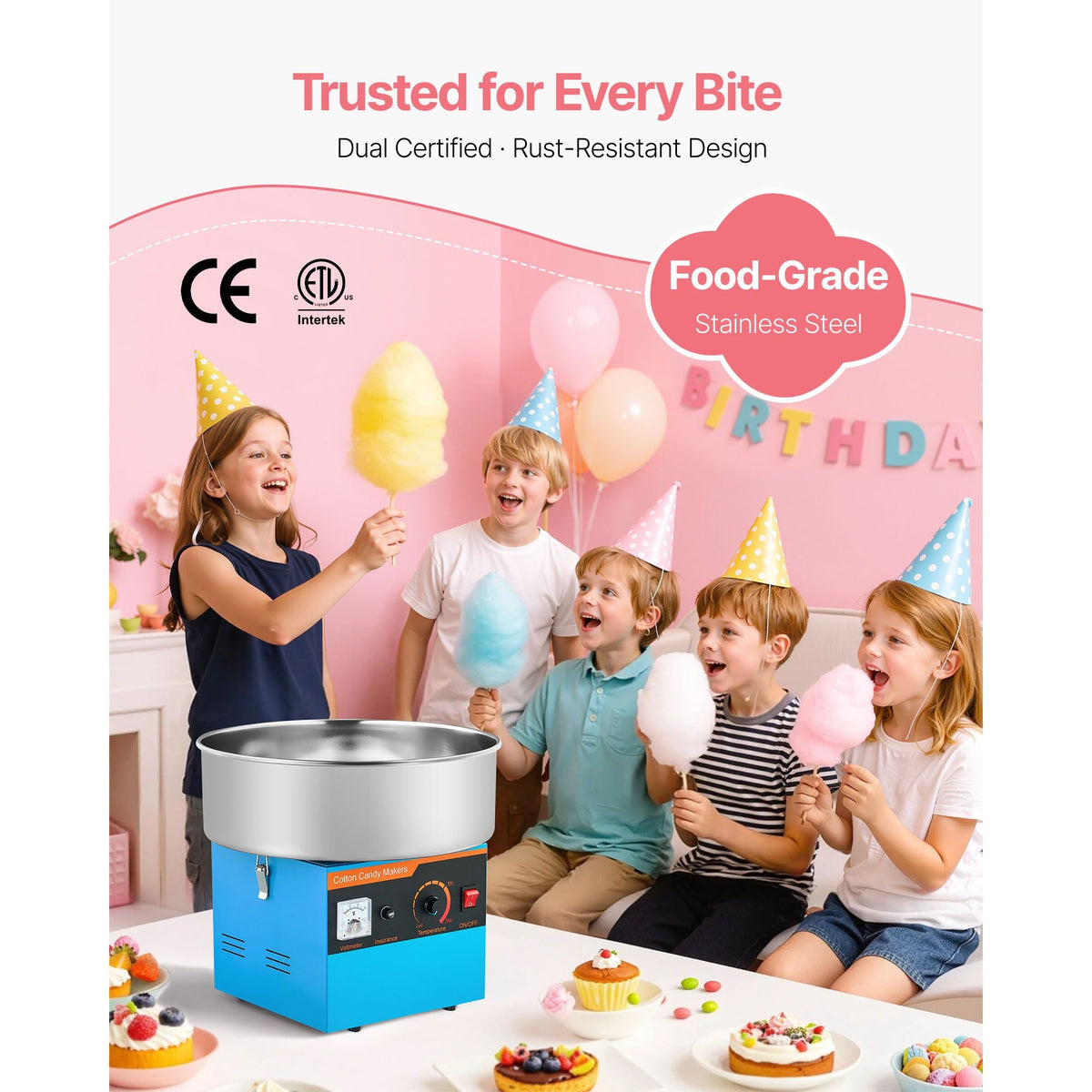 Cotton Candy Machine Commercial, 1000W Electric Candy Floss Maker, Easy Use with 15 inch Stainless Steel Bowl and Sugar Scoop, Makes Hard Candy for Home Kids Birthday, Family Party, Blue