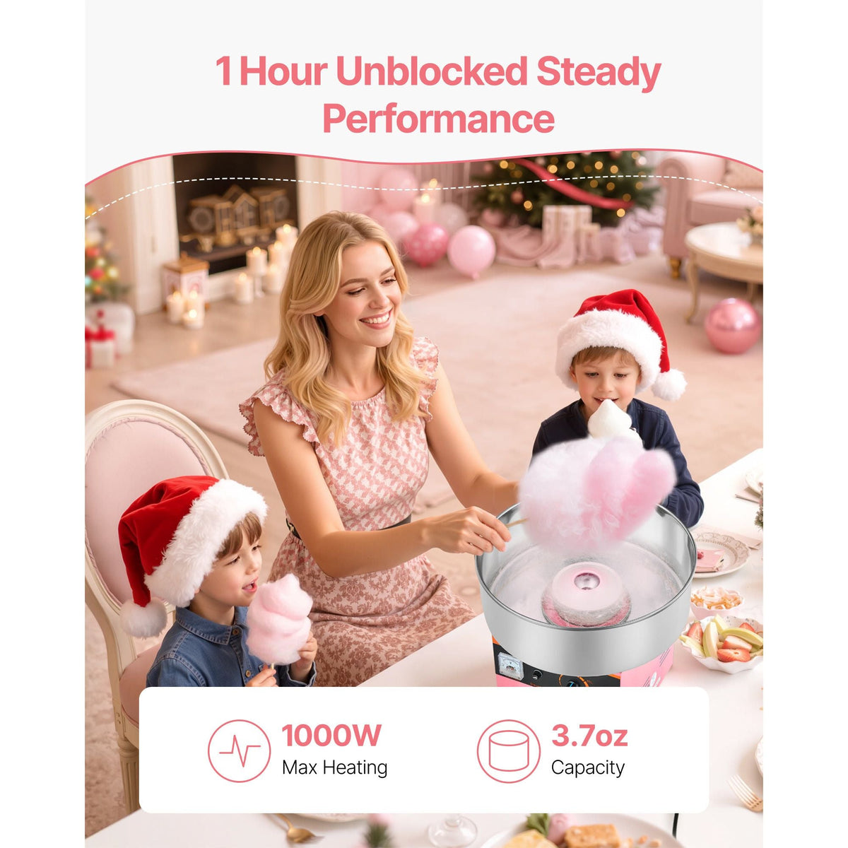 Cotton Candy Machine Commercial, 1000W Electric Candy Floss Maker, Easy Use with 15 inch Stainless Steel Bowl and Sugar Scoop, Makes Hard Candy for Home Kids Birthday, Family Party, Pink