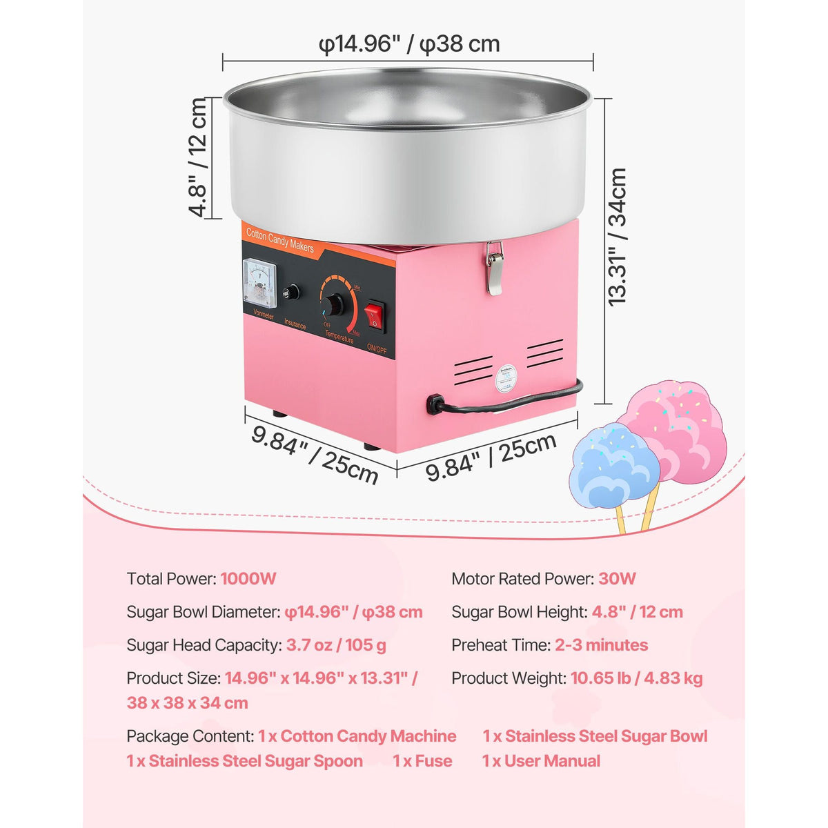 Cotton Candy Machine Commercial, 1000W Electric Candy Floss Maker, Easy Use with 15 inch Stainless Steel Bowl and Sugar Scoop, Makes Hard Candy for Home Kids Birthday, Family Party, Pink