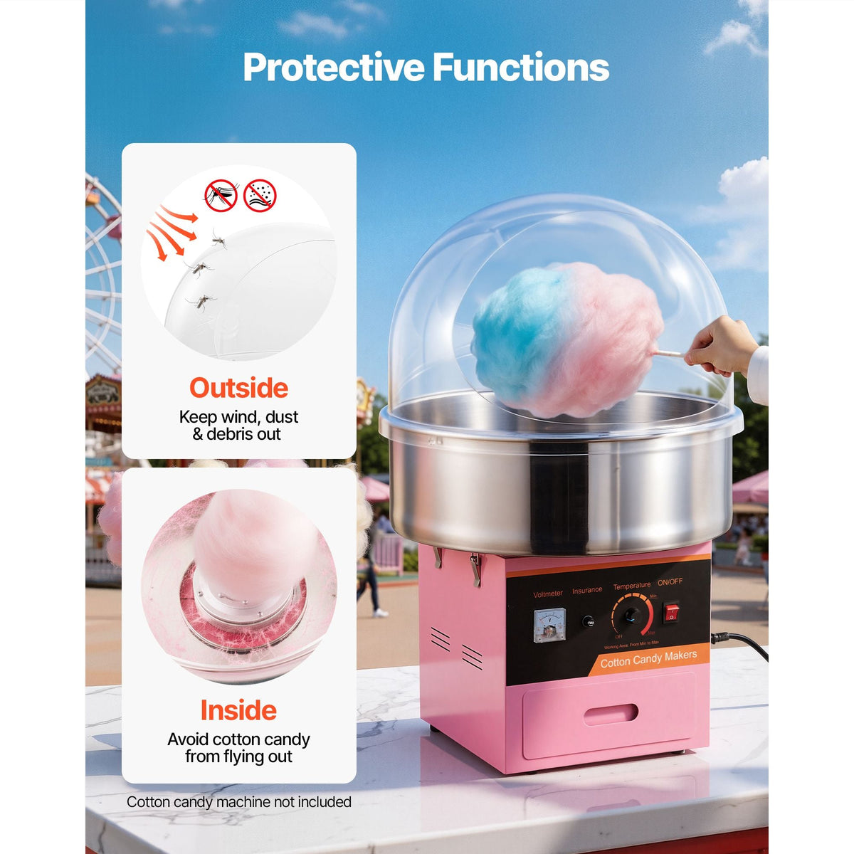 Cotton Candy Machine Cover, Transparent Acrylic Dome Bubble Shield, Cotton Candy Machine Bubble Shield Compatible with 20.5in Cottons Candies Machines Bowl for Party, Shops, Bottom Groove Design