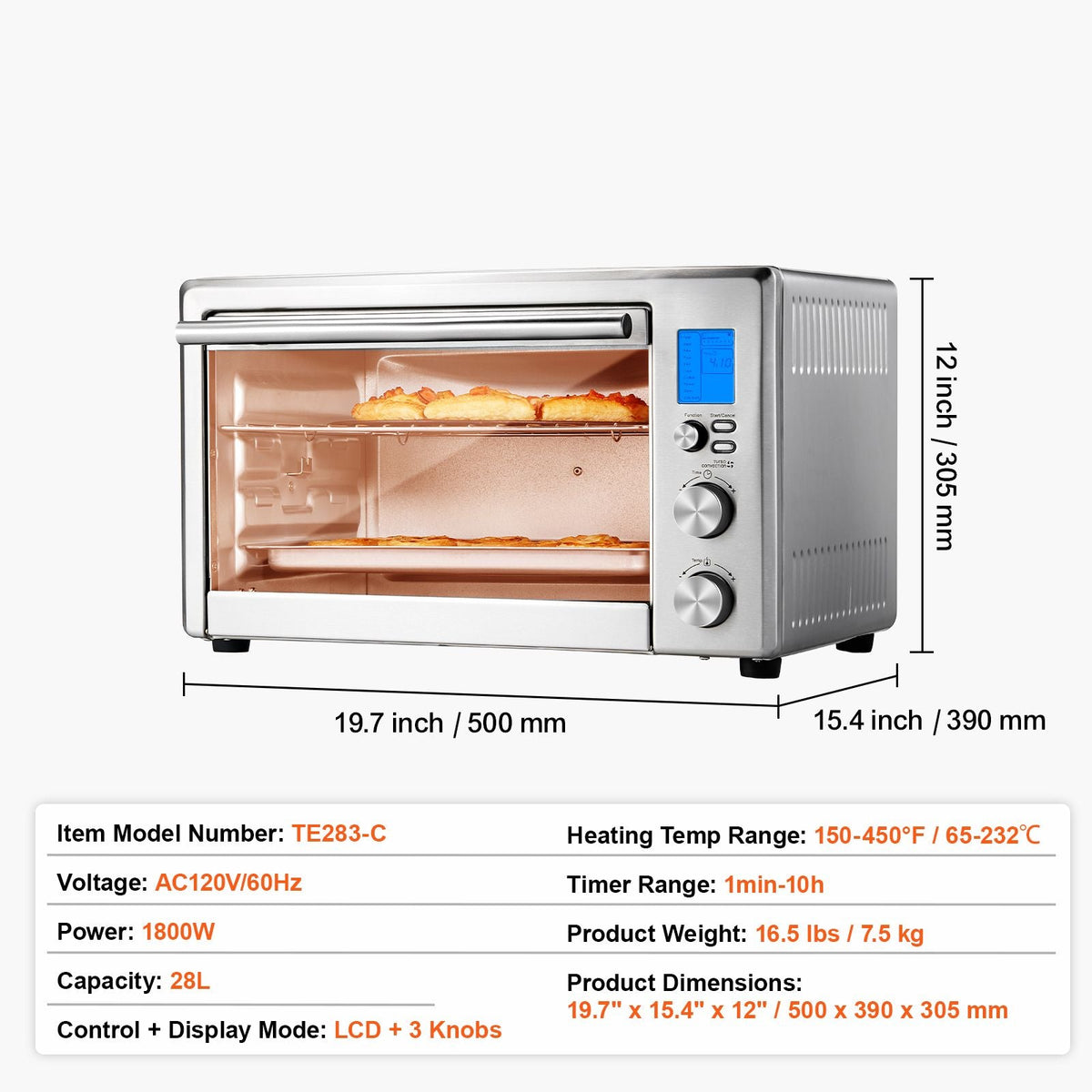 Countertop Convection Oven 28L Toaster Baker 10-IN-1 1800W for Home Use