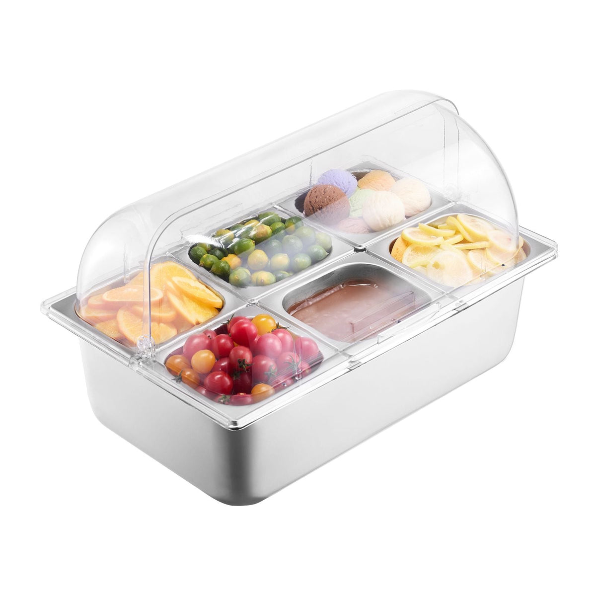 Countertop Food Serving Display Container, 6 Pan Stainless Steel Food Serving Tray, Buffet Condiment Dispenser Display Rack with Clear Lid & 3 Freezer Boxes, for Restaurant Hotel Kitchen Party