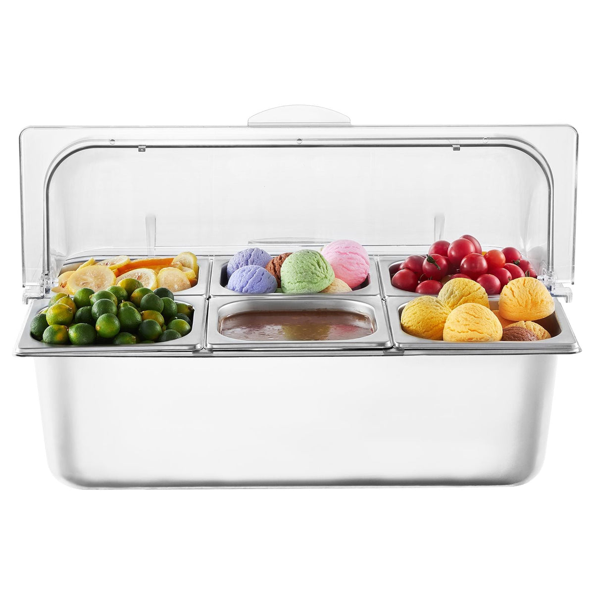 Countertop Food Serving Display Container, 6 Pan Stainless Steel Food Serving Tray, Buffet Condiment Dispenser Display Rack with Clear Lid & 3 Freezer Boxes, for Restaurant Hotel Kitchen Party