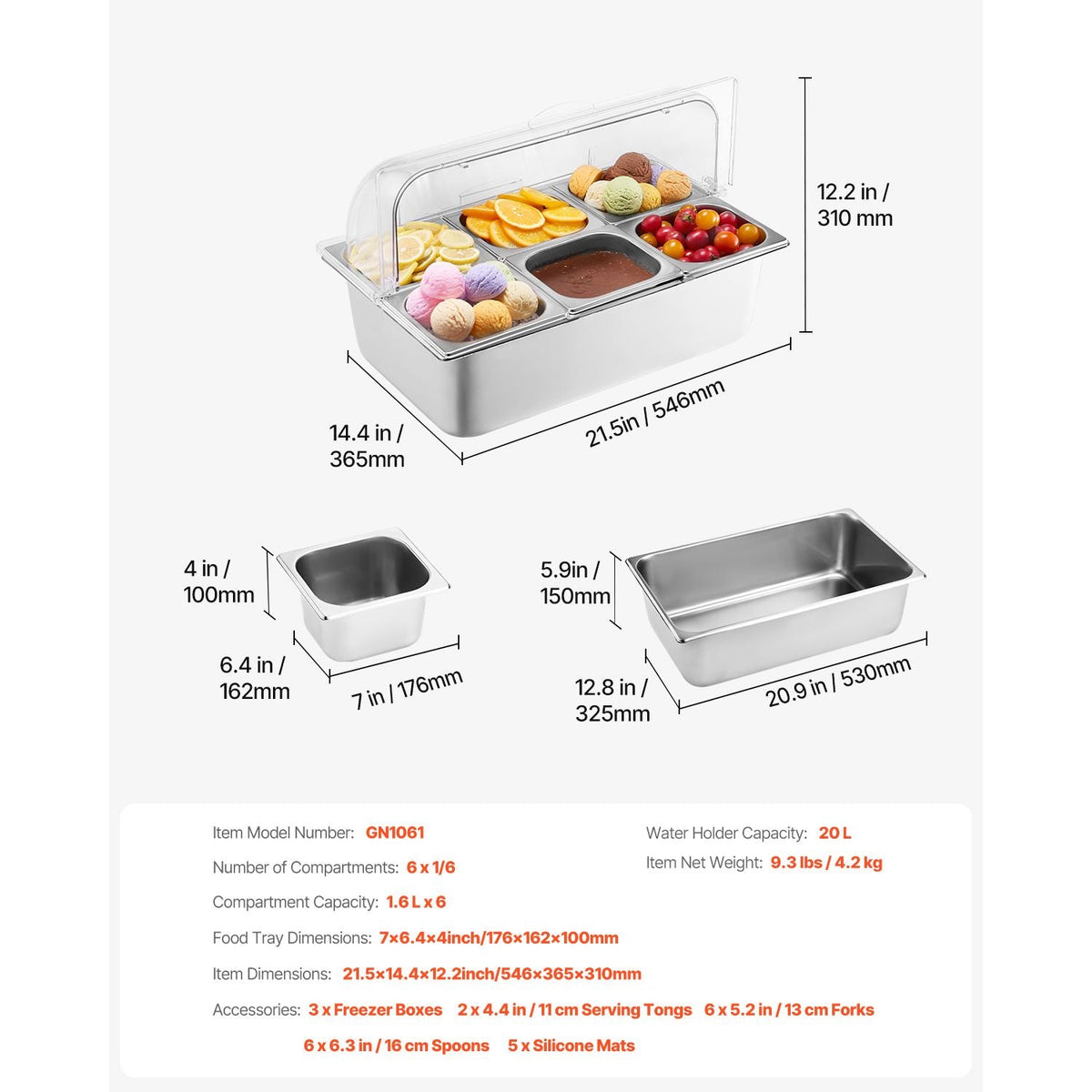 Countertop Food Serving Display Container, 6 Pan Stainless Steel Food Serving Tray, Buffet Condiment Dispenser Display Rack with Clear Lid & 3 Freezer Boxes, for Restaurant Hotel Kitchen Party