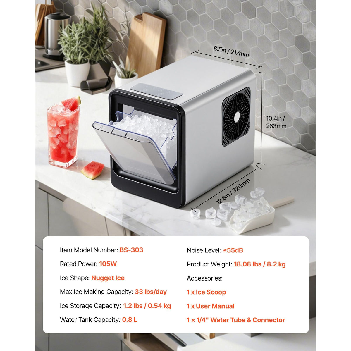Countertop Ice Maker, 33 lbs per Day, Self-Cleaning Portable Machine with Scoop, Drawer-Style Ice Access, Nugget Ice-Making Machine with Chewable Ices for Home, Kitchen, Office, Bar & Party