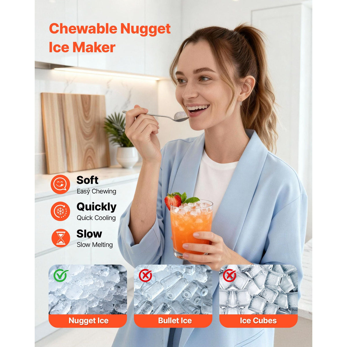 Countertop Ice Maker, 33 lbs per Day, Self-Cleaning Portable Machine with Scoop, Drawer-Style Ice Access, Nugget Ice-Making Machine with Chewable Ices for Home, Kitchen, Office, Bar & Party