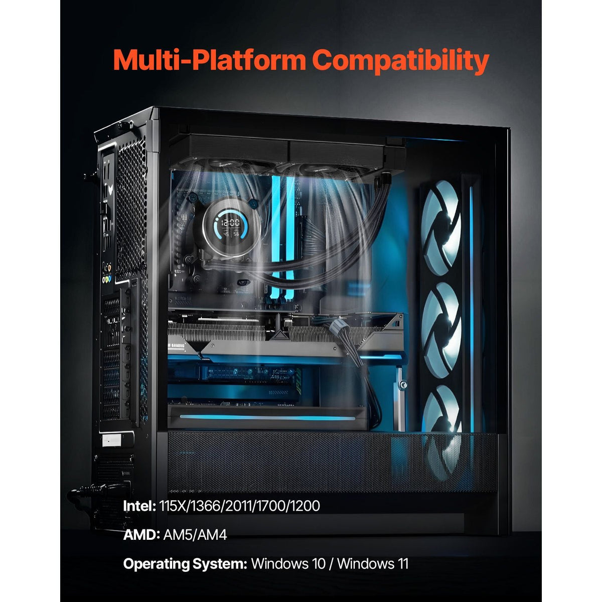 CPU Liquid Cooler, AIO CPU Water Cooler - 120mm PWN Fans, Pump, 1.8'' Display, Max. 2200RPM CPU Cooling Fan, Efficient Black PC Water Cooler for Intel 115X/1366/2011/1700/1200, AMD AM4/AM5