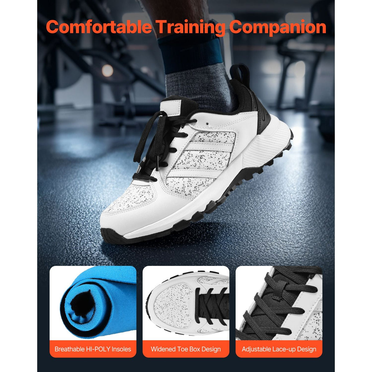 Cross Training Shoes, M Width Sneakers US Size 13, Wide Toe Box Shoes with Arch Support & Adjustable Lace-up, Training Shoes for Running, Gymnastics, Dog Walking, and Weightlifting (White)