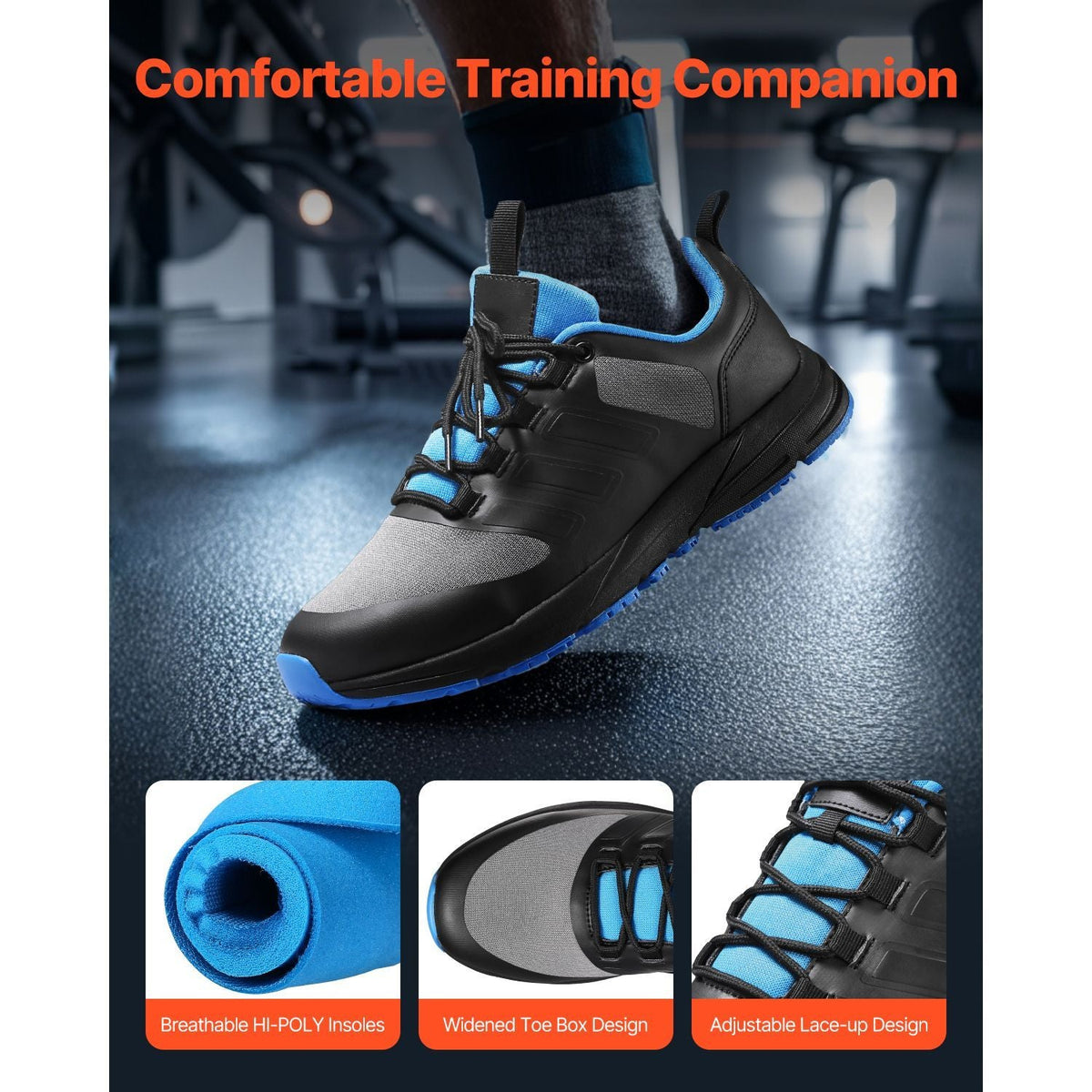 Cross Training Shoes, M Width Sneakers US Size 8, Wide Toe Box Shoes with Arch Support & Adjustable Lace-up, Training Shoes for Running, Gymnastics, Dog Walking, and Weightlifting (Black)
