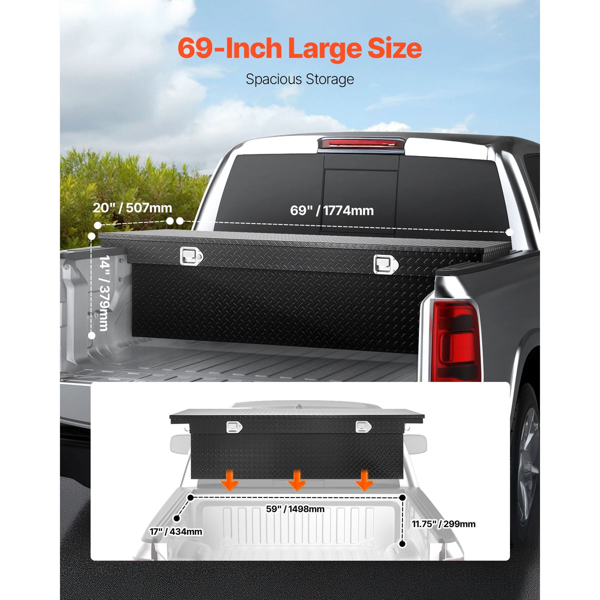Crossover Truck Tool Box, 69x20x14 In, Heavy Duty Aluminum Toolbox with Diamond Texture, Pick Up Truck Bed RV Trailer Toolbox, Waterproof Storage Organizer with Lock, Keys, Side Handles, Black