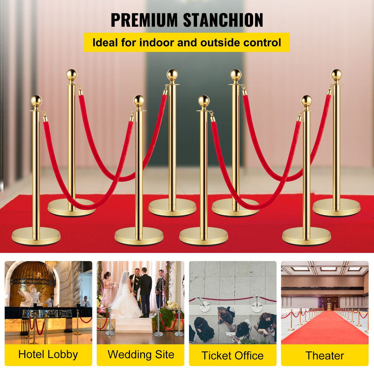 Crowd Control Stanchion, Set of 8 Pieces Stanchion Set, Stanchion Set with 5 ft/1.5 m Red Velvet Rope, Gold Crowd Control Barrier with Sturdy Concrete and Metal Base – Easy Connect Assembly
