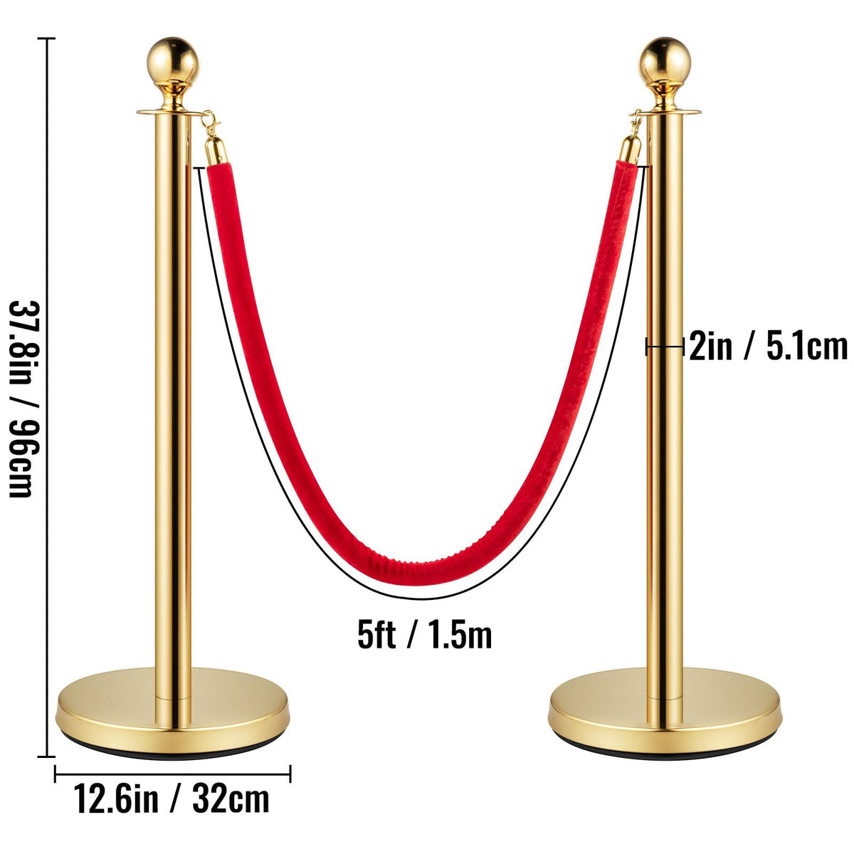 Crowd Control Stanchion, Set of 8 Pieces Stanchion Set, Stanchion Set with 5 ft/1.5 m Red Velvet Rope, Gold Crowd Control Barrier with Sturdy Concrete and Metal Base – Easy Connect Assembly