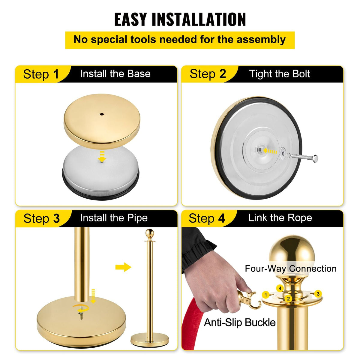 Crowd Control Stanchion, Set of 8 Pieces Stanchion Set, Stanchion Set with 5 ft/1.5 m Red Velvet Rope, Gold Crowd Control Barrier with Sturdy Concrete and Metal Base – Easy Connect Assembly