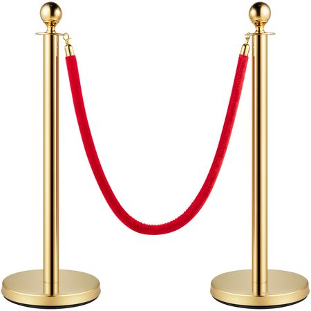 Crowd Control Stanchion, Set of 8 Pieces Stanchion Set, Stanchion Set with 5 ft/1.5 m Red Velvet Rope, Gold Crowd Control Barrier with Sturdy Concrete and Metal Base – Easy Connect Assembly