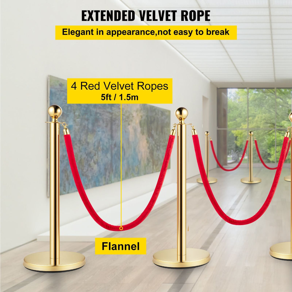 Crowd Control Stanchion, Set of 8 Pieces Stanchion Set, Stanchion Set with 5 ft/1.5 m Red Velvet Rope, Gold Crowd Control Barrier with Sturdy Concrete and Metal Base – Easy Connect Assembly