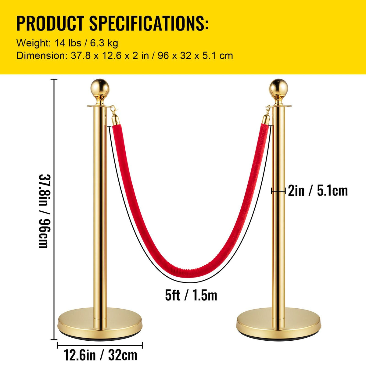 Crowd Control Stanchion, Set of 8 Pieces Stanchion Set, Stanchion Set with 5 ft/1.5 m Red Velvet Rope, Gold Crowd Control Barrier with Sturdy Concrete and Metal Base – Easy Connect Assembly
