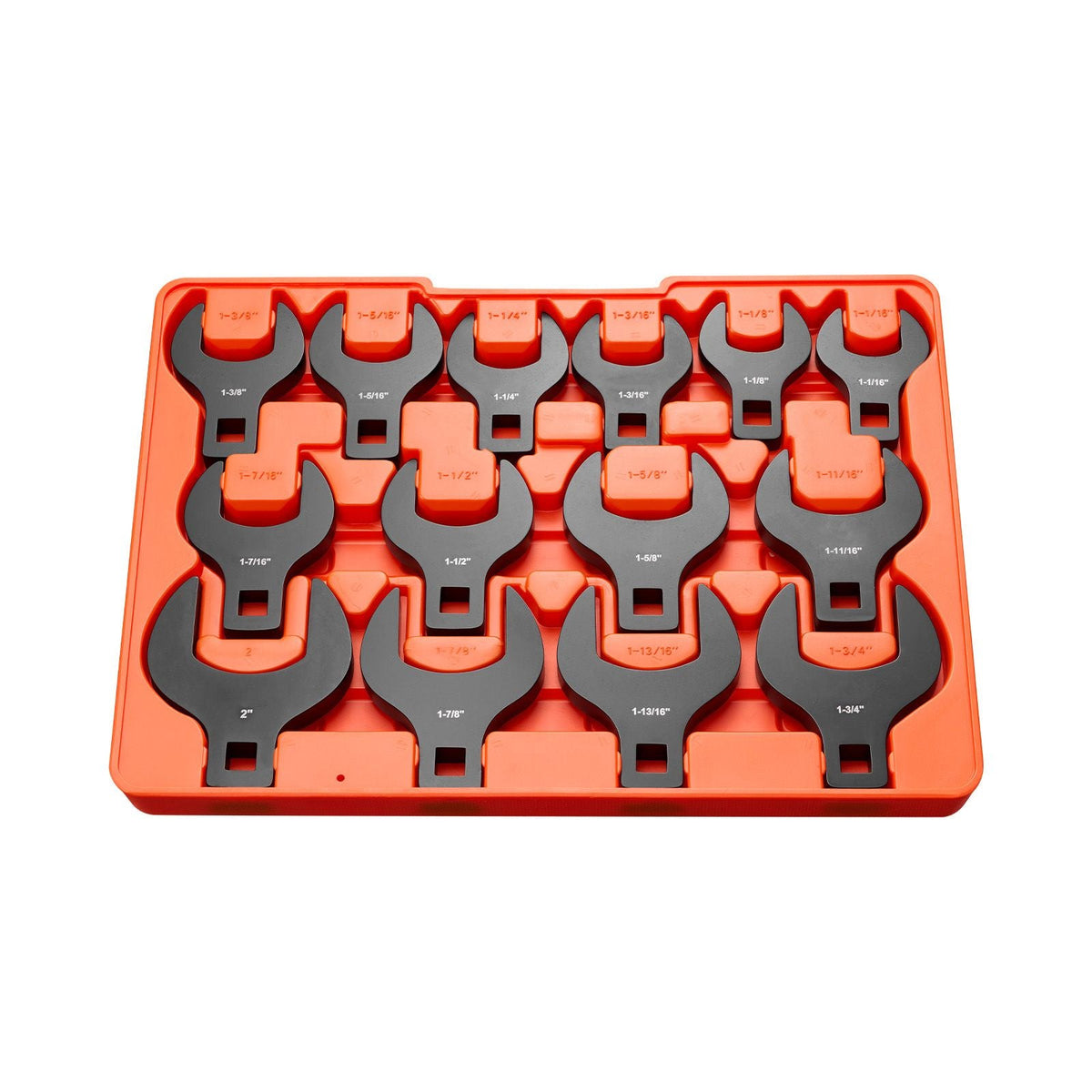 Crowfoot Wrench Set, 1/2" Drive, 14-Piece SAE 1-1/16" to 2" Crows Foot Wrenches, with Storage Tray, Dual Size Markings on Tools and Tray, for Auto Maintenance or Repairs