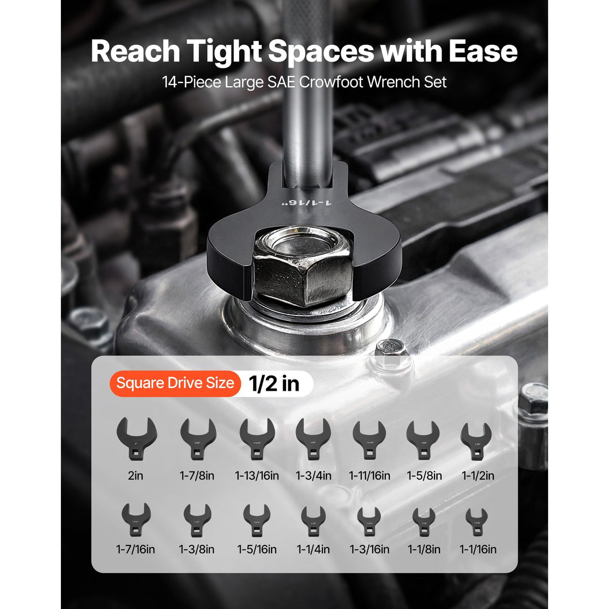 Crowfoot Wrench Set, 1/2" Drive, 14-Piece SAE 1-1/16" to 2" Crows Foot Wrenches, with Storage Tray, Dual Size Markings on Tools and Tray, for Auto Maintenance or Repairs