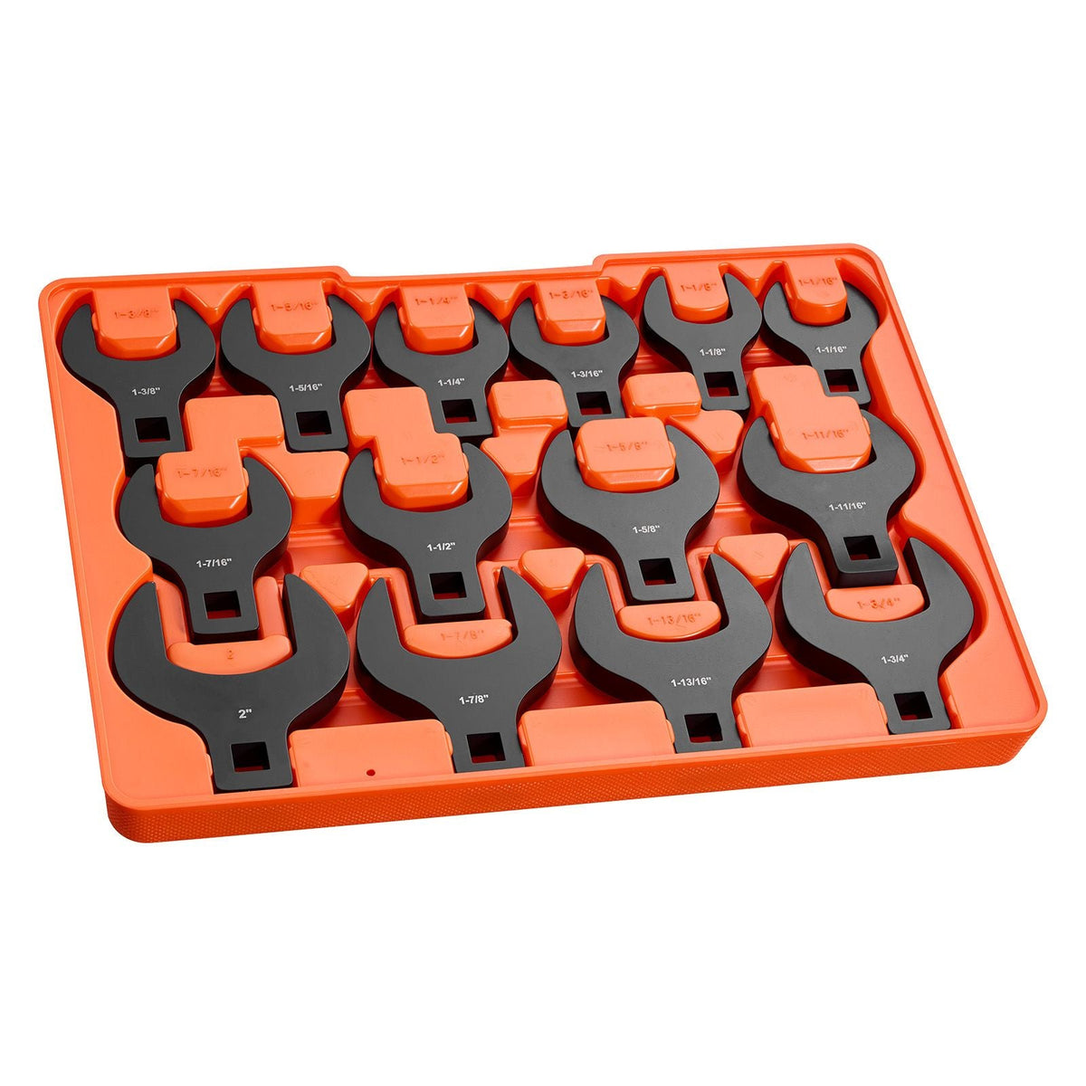 Crowfoot Wrench Set, 1/2" Drive, 14-Piece SAE 1-1/16" to 2" Crows Foot Wrenches, with Storage Tray, Dual Size Markings on Tools and Tray, for Auto Maintenance or Repairs