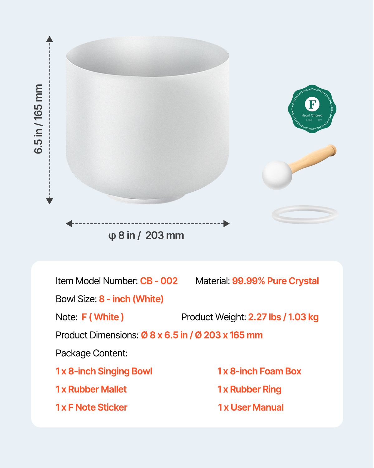 Crystal Singing Bowl, 8-inch F Note Heart Chakra Singing Bowl, Frosted Quartz Singing Bowl with Rubber Mallet and O-Ring, Perfect for Meditation, Yoga, Sound Baths, Sound Healing