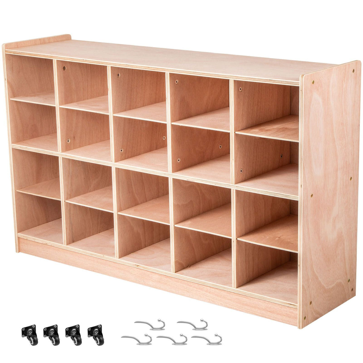 Cubby Mobile Tray Storage Cabinet, 20-Compartment Cubby Storage Shelf, Cubby Storage Cabinet 4 x 5, Classroom Cubbies, Classroom Furniture for Home, Daycare and Preschool, Natural