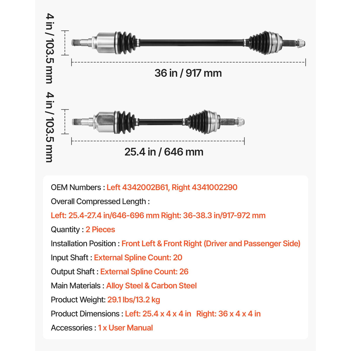 CV Axle Shaft Assembly, 2 Pieces Front Left & Right (Driver and Passenger Side), Automotive Replacement CV Joint Axles Pair Compatible with 2009-2018 Toyota Corolla, Alloy Steel & Carbon Steel