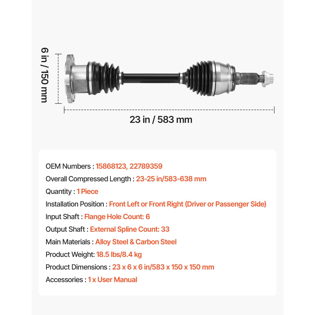 CV Axle Shaft Assembly, Front Left or Right Side (Driver or Passenger Side), Automotive Replacement CV Joint Axle Shaft Compatible with 2007-2020 Cadillac Escalade, Alloy Steel & Carbon Steel