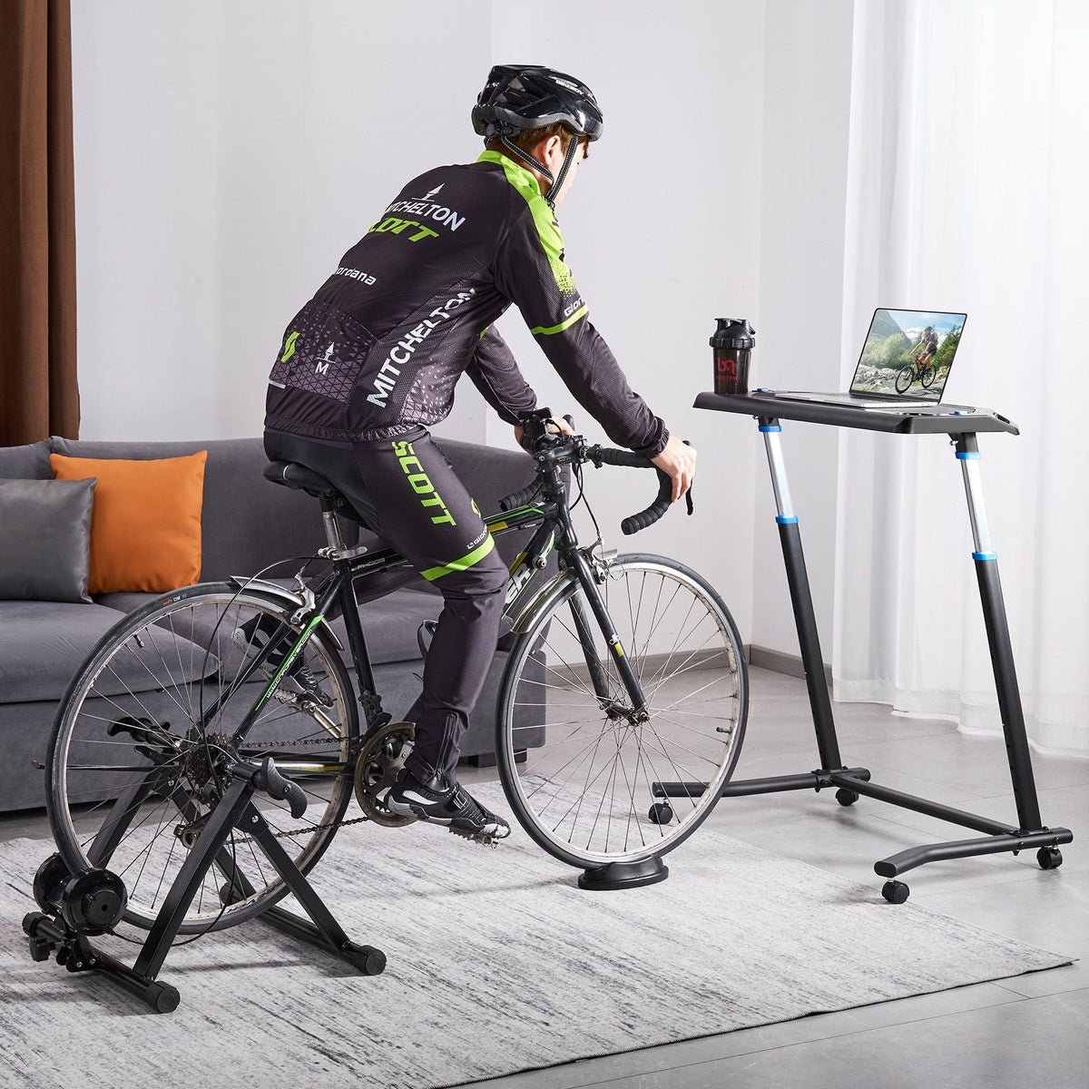Cycling Desk, Mobile Foldable Multi-Functional Bike Trainer & Treadmill Desk with Lockable Wheels, Non-Slip Multi-Slot Bike Trainer Fitness Desk with Handle Bar, Fit for Home Office Exercise