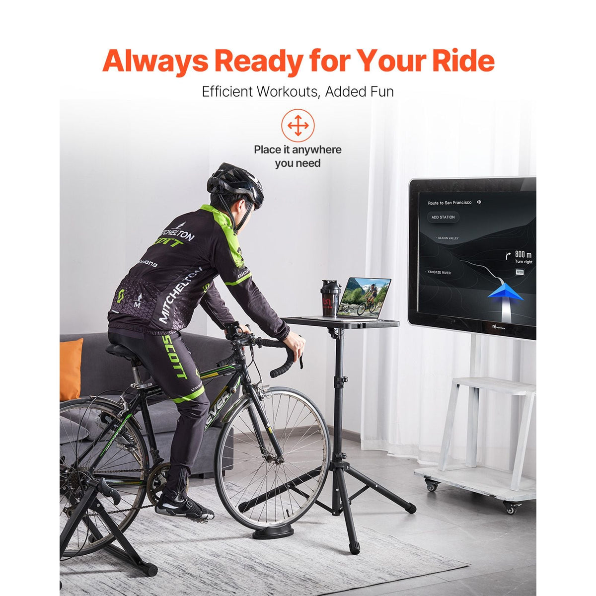 Cycling Desk, Stationary Foldable Adjustable Bike Trainer & Treadmill Desk with Triangle Support, Non-Slip Multi-Slot Bike Trainer Fitness Desk with Handle Bar, Fit for Home Office Exercise