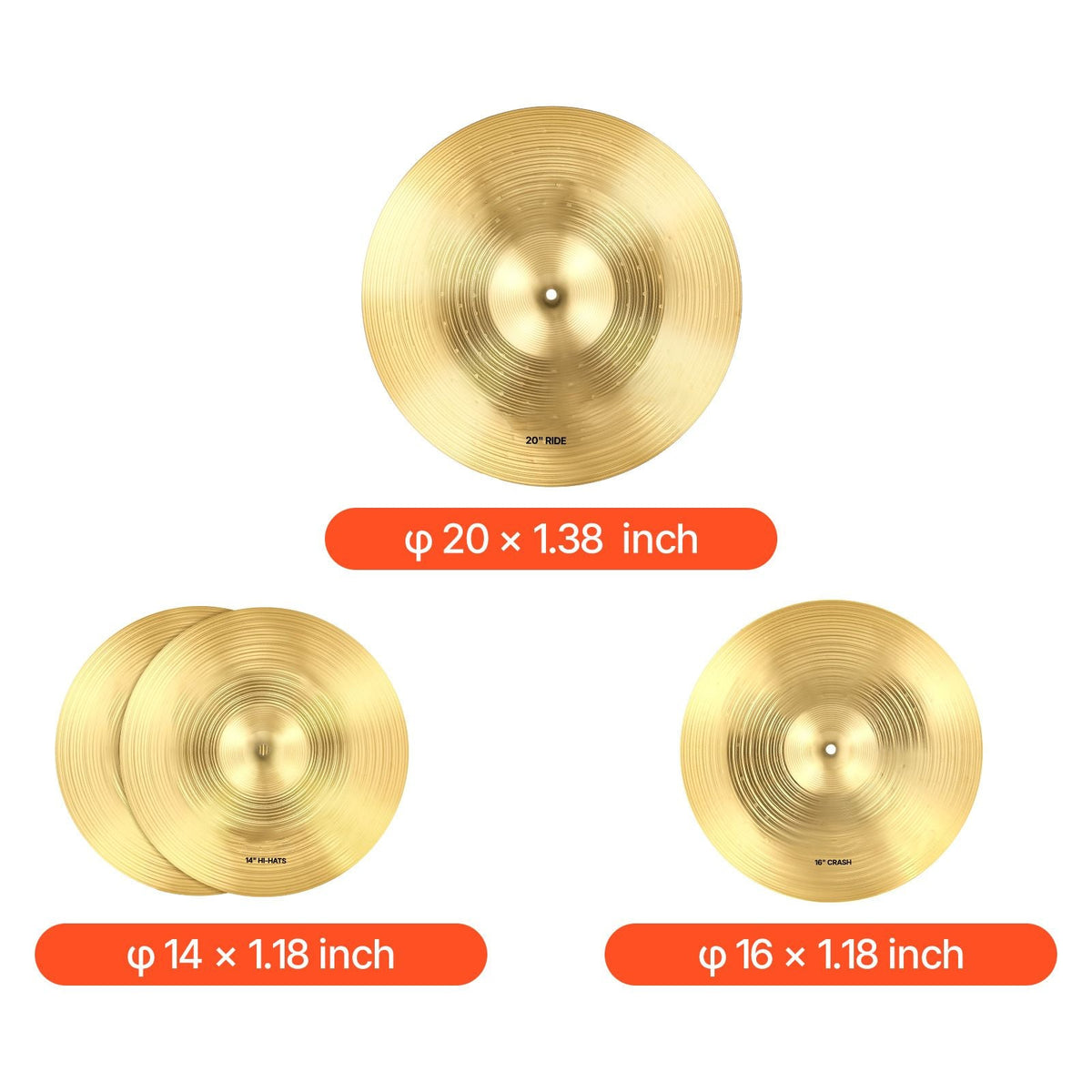 Cymbal Pack, 3 Pieces Cymbals for Drum Set, Alloy Cymbals Drum Set Includes 14-inch Hi-Hats, 16-inch Crash, 20-inch Ride, Drumsticks & Cymbal Bag, Alloy Cymbal Pack for Drummer, Bright Copper