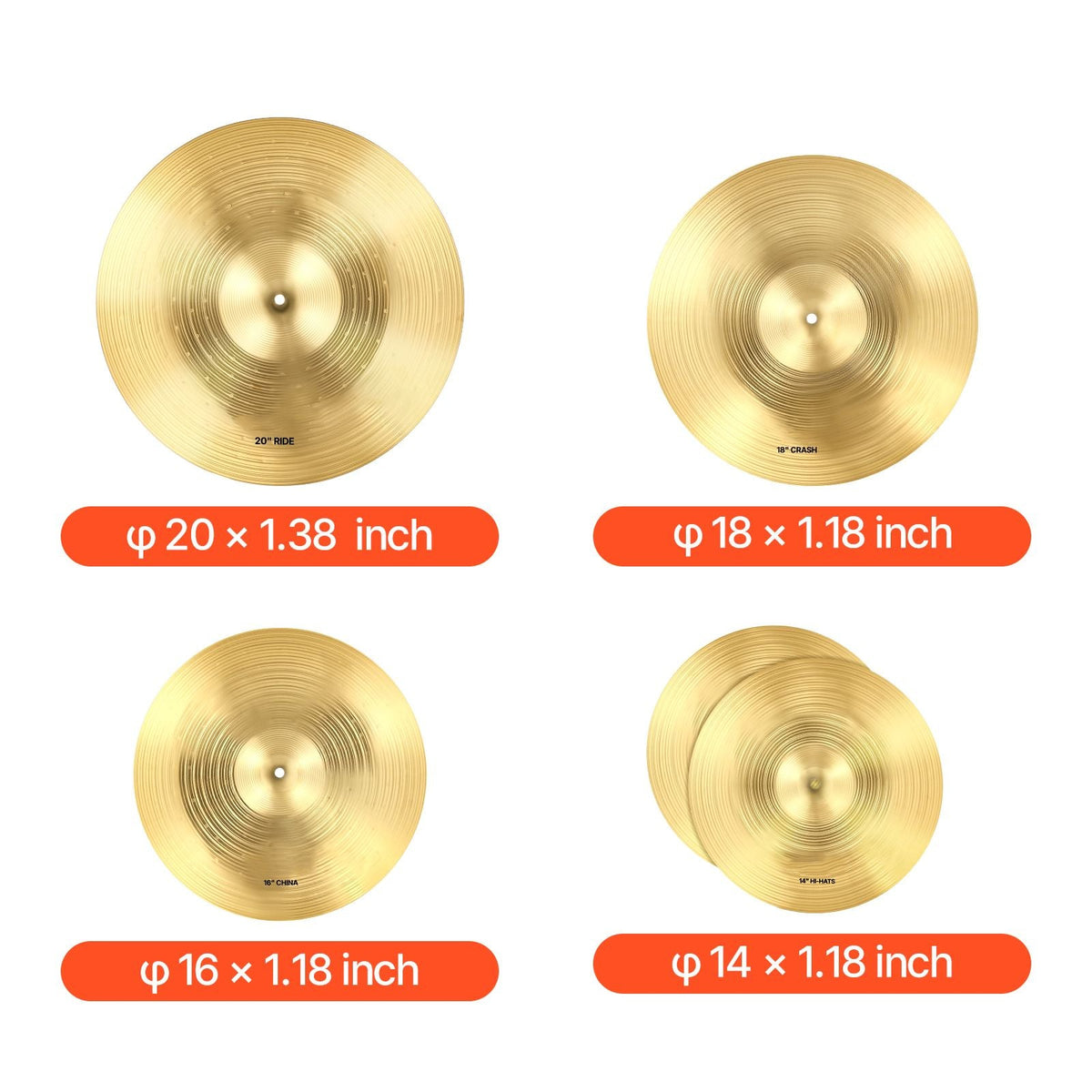 Cymbal Pack, 4 Pieces Cymbals for Drum Set, Alloy Cymbals Drum Set Includes 14-inch Hi-Hats, 16-inch Crash, 18-inch Crash, 20-inch Ride, Drumsticks & Cymbal Bag, Alloy Cymbal Pack for Drummer
