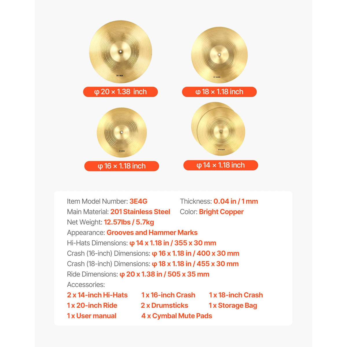 Cymbal Pack, 4 Pieces Cymbals for Drum Set, Alloy Cymbals Drum Set Includes 14-inch Hi-Hats, 16-inch Crash, 18-inch Crash, 20-inch Ride, Drumsticks & Cymbal Bag, Alloy Cymbal Pack for Drummer
