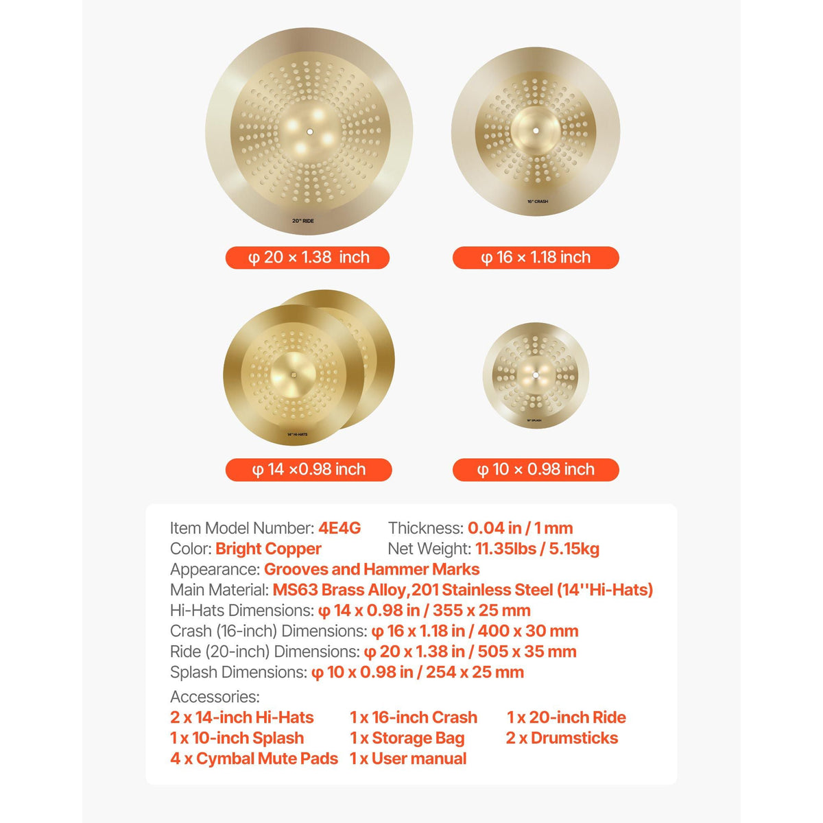 Cymbal Pack, 4 Pieces Cymbals for Drum Set, Alloy Cymbals Drum Set Includes 14-inch Hi-Hats, 16-inch Crash, 20-inch Ride, 10-inch Splash, Drumsticks & Cymbal Bag, Alloy Cymbal Pack for Drummer
