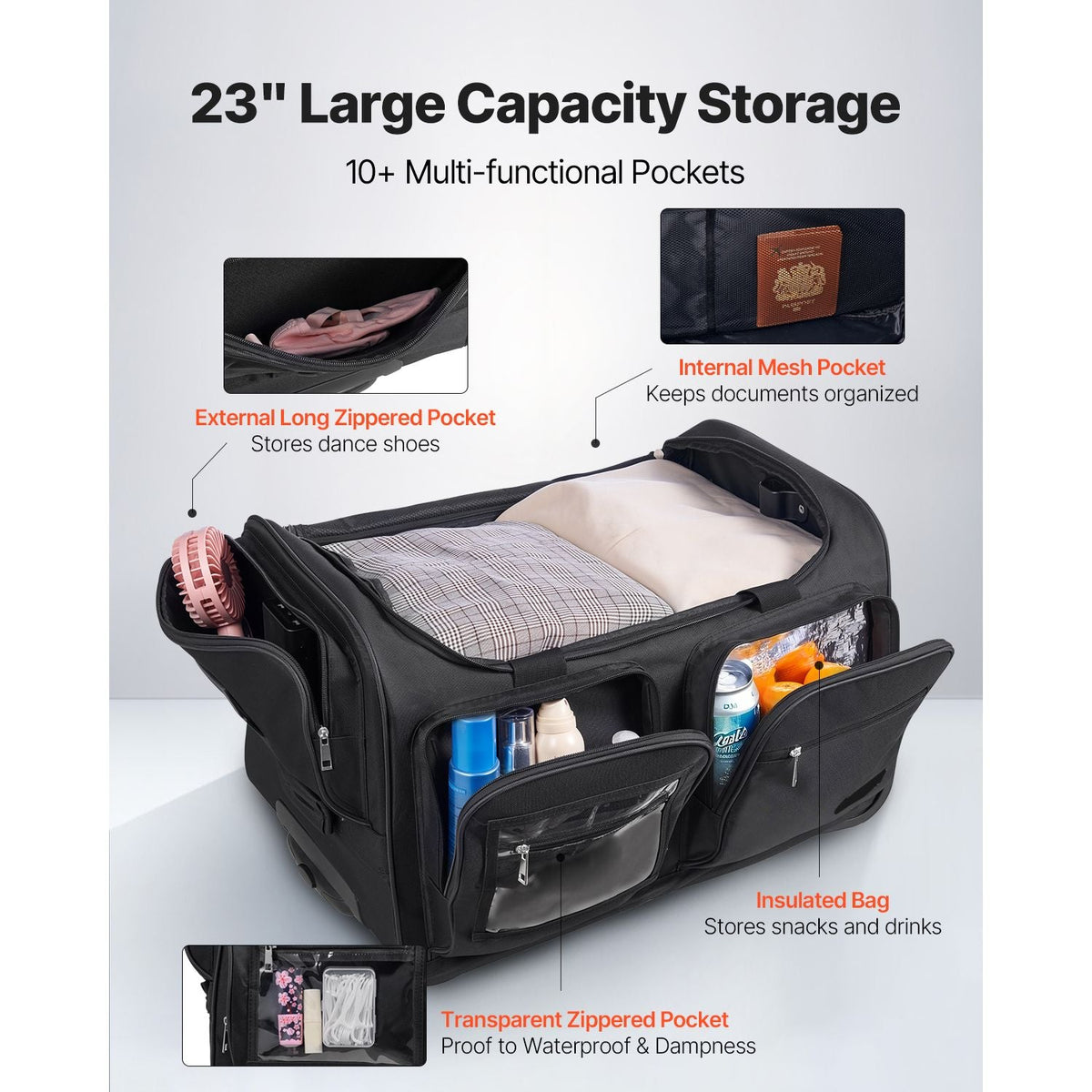 Dance Bag with Garment Rack, 23 Inch Rolling Dance Duffel, with Wheels, USB Port, Height Adjustable Clothes Rack, Privacy Protection Curtain, Ideal for Travel and Competitions, Matte Black