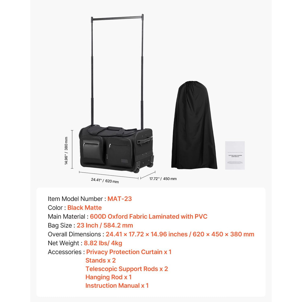 Dance Bag with Garment Rack, 23 Inch Rolling Dance Duffel, with Wheels, USB Port, Height Adjustable Clothes Rack, Privacy Protection Curtain, Ideal for Travel and Competitions, Matte Black