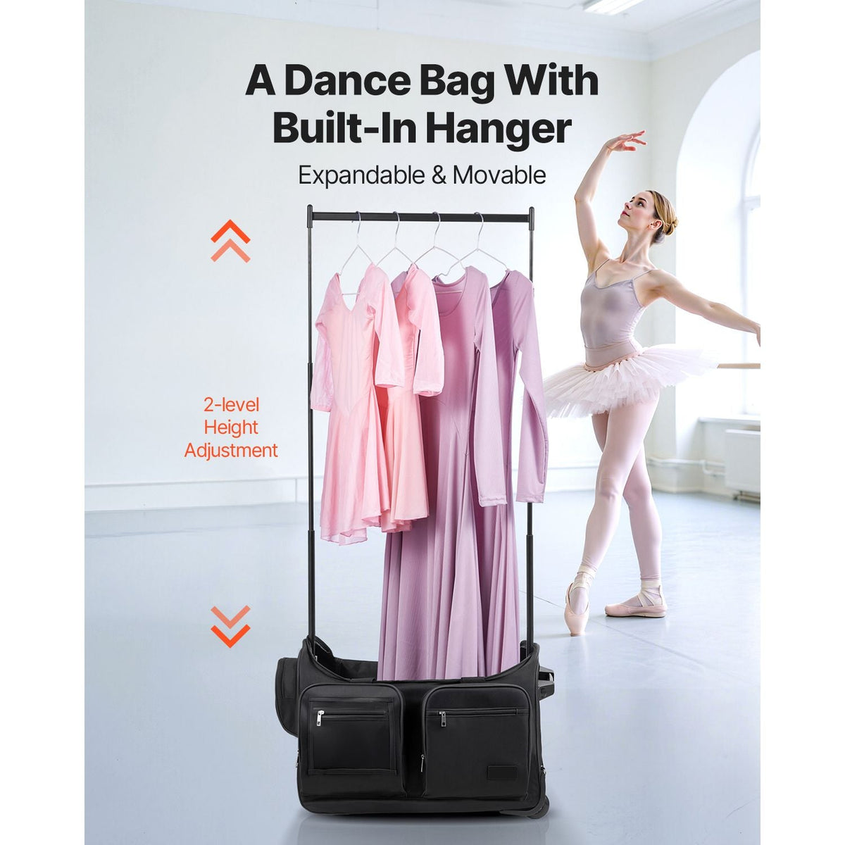 Dance Bag with Garment Rack, 23 Inch Rolling Dance Duffel, with Wheels, USB Port, Height Adjustable Clothes Rack, Privacy Protection Curtain, Ideal for Travel and Competitions, Matte Black