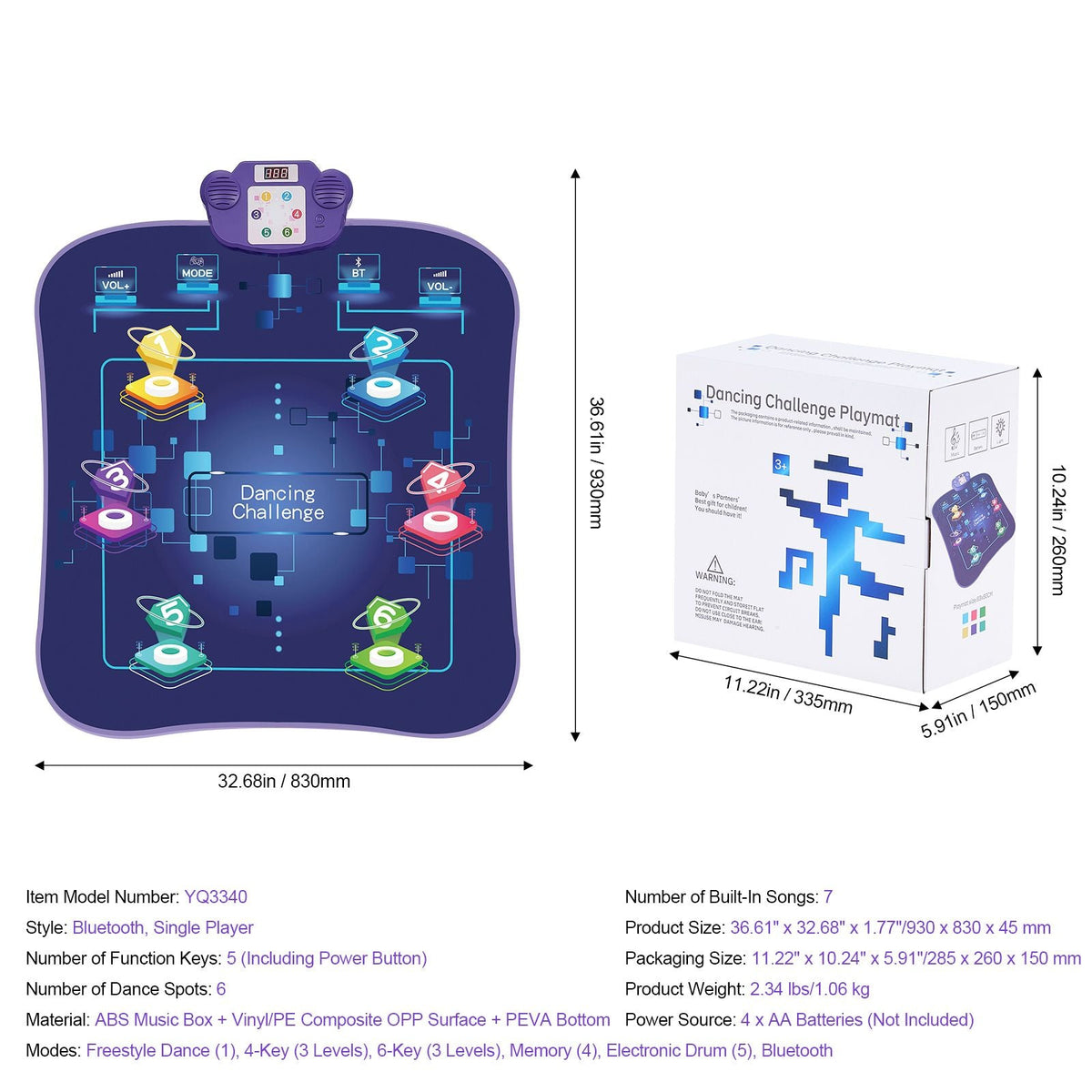 Dance Mat, 6-Button Dance Mixer Rhythm Step Play Mat, Electronic Dance Pad with Wireless Bluetooth, LED Lights, 5 Game Modes, Adjustable Volume, Built-in Music, Toys Gifts for 3+ Year Old Girls