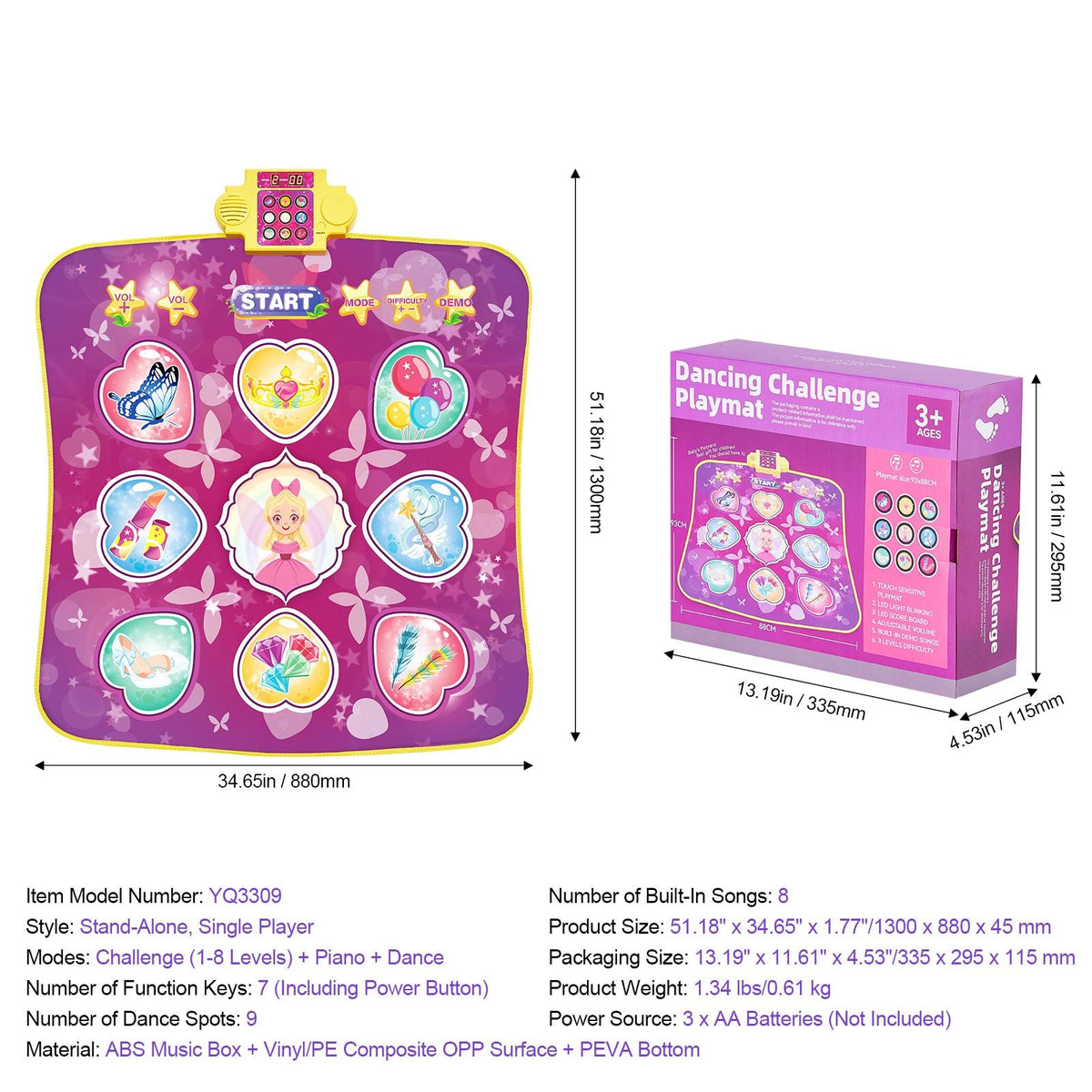 Dance Mat, 9-Button Dance Mixer Rhythm Step Play Mat, Electronic Dance Pad with 3 Game Modes, Adjustable Volume, Built-in Music, 8 Challenge Levels, Birthday Toys Gifts for 3+ Year Old Girls