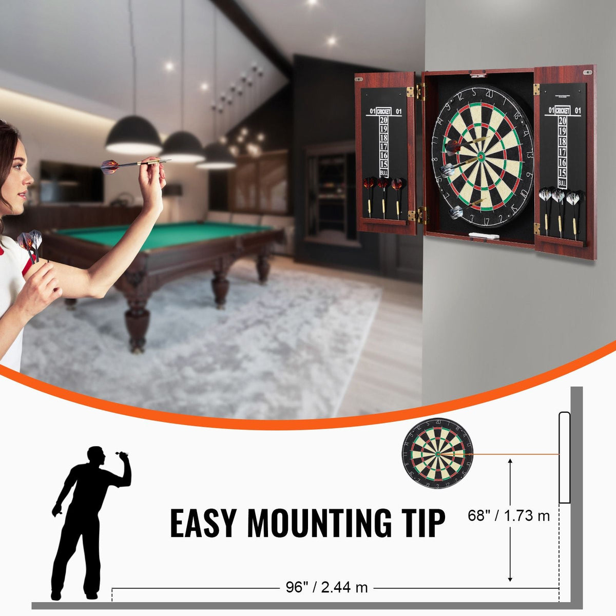 Dartboard and Cabinet Set, Ready-to-Play Bundle Official Size Dartboard Cabinet, Steel Tip Dart Hideaway Cabinet, Features Easy Assembly, Complete with All Accessories, Perfect for Cricket Games