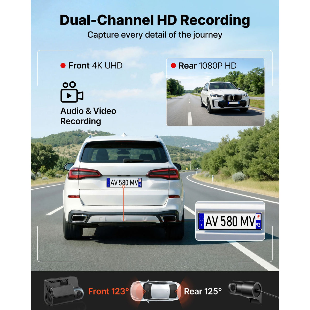 Dash Cam Front and Rear, 4K+1080P, WiFi APP Control, Dual Channel Dash Camera for Cars with Built-in GPS, G-Sensor, Front 123° & Rear 125°, 3" Large Screen, Loop Recording, and Parking Mode
