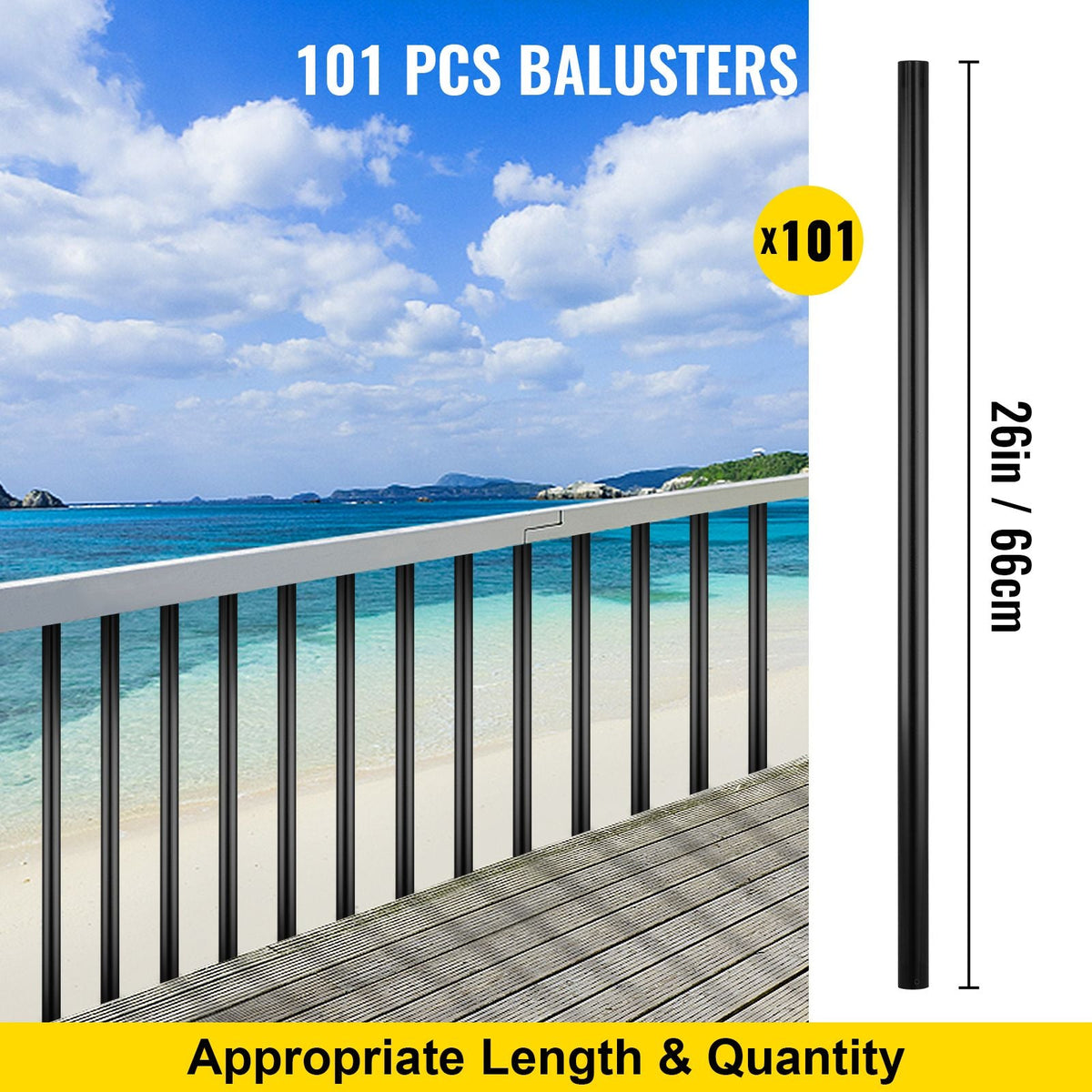 Deck Balusters, 101 Pack Metal Deck Spindles, 26\"x0.75\" Staircase Baluster with Screws, Aluminum Alloy Deck Railing for Wood and Composite Deck, Circle Baluster for Outdoor Stair Deck Porch