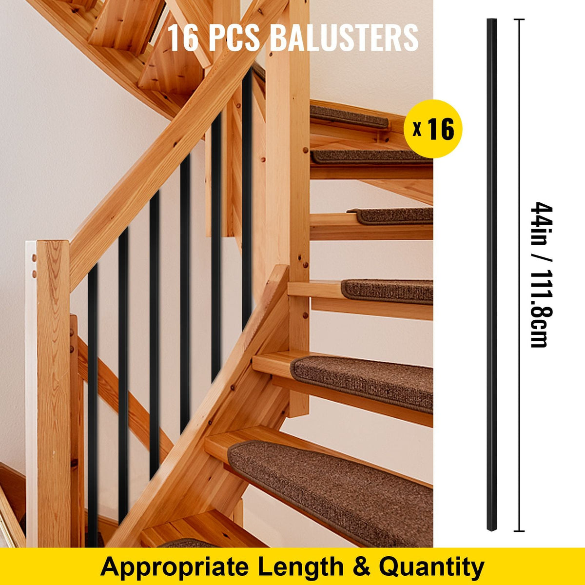 Deck Balusters, 16 Pack Metal Deck Spindles, 44\"x0.5\" Staircase Baluster with Screws, Iron Deck Railing for Wood and Composite Deck, Stylish Black Baluster for Outdoor Stair Deck Porch