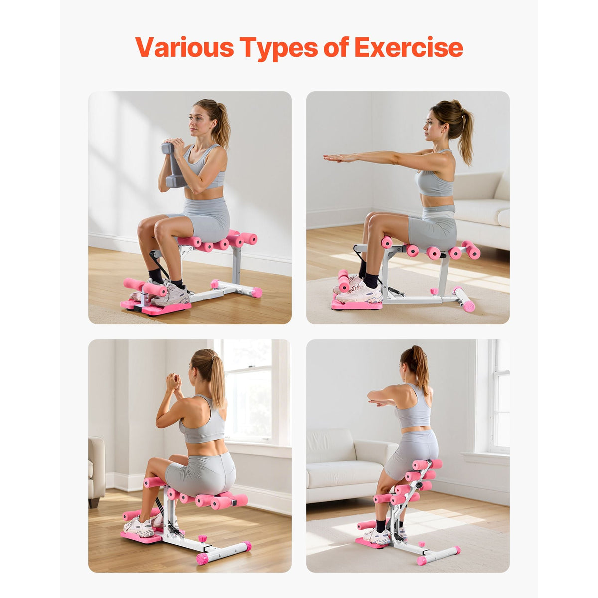 Deep Squat Machine, Adjustable Glutes Trainer Machine with 3 High-Strength Resistance Bands, Folding Core Leg & Glutes Exercise Trainer, Push Up Workout Equipment at Home Gym, Pink + White