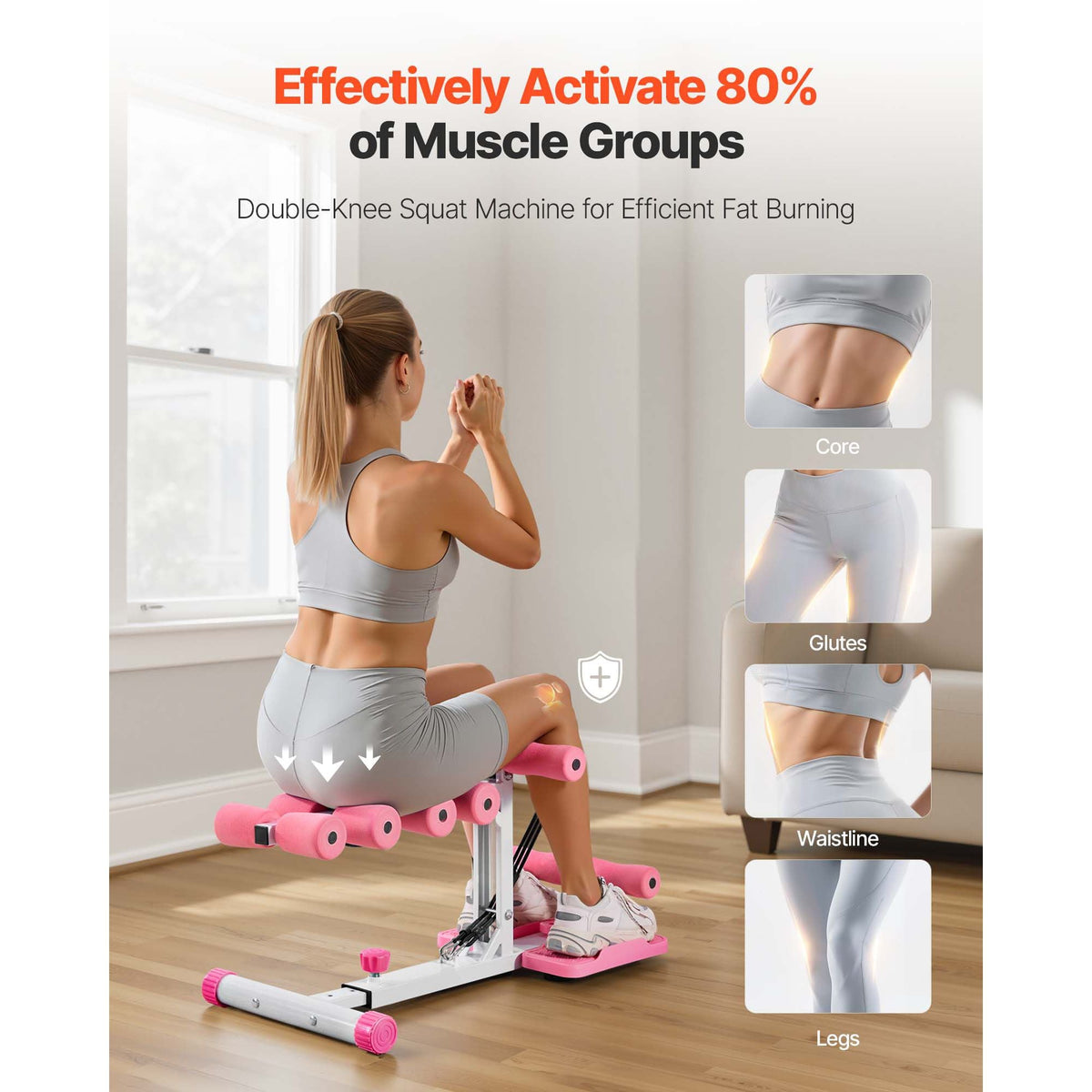 Deep Squat Machine, Adjustable Glutes Trainer Machine with 3 High-Strength Resistance Bands, Folding Core Leg & Glutes Exercise Trainer, Push Up Workout Equipment at Home Gym, Pink + White