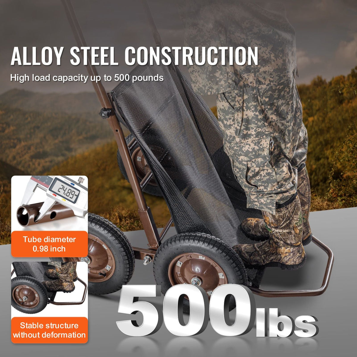 Deer Cart, 500 LBS Capacity Folding Game Cart, Deer Cart Game Hauler with 4 Big Wheels & Ergonomic Handle, Heavy-Duty Game Cart Accessories, Utility Gear Dolly for Hunting Fishing Hiking